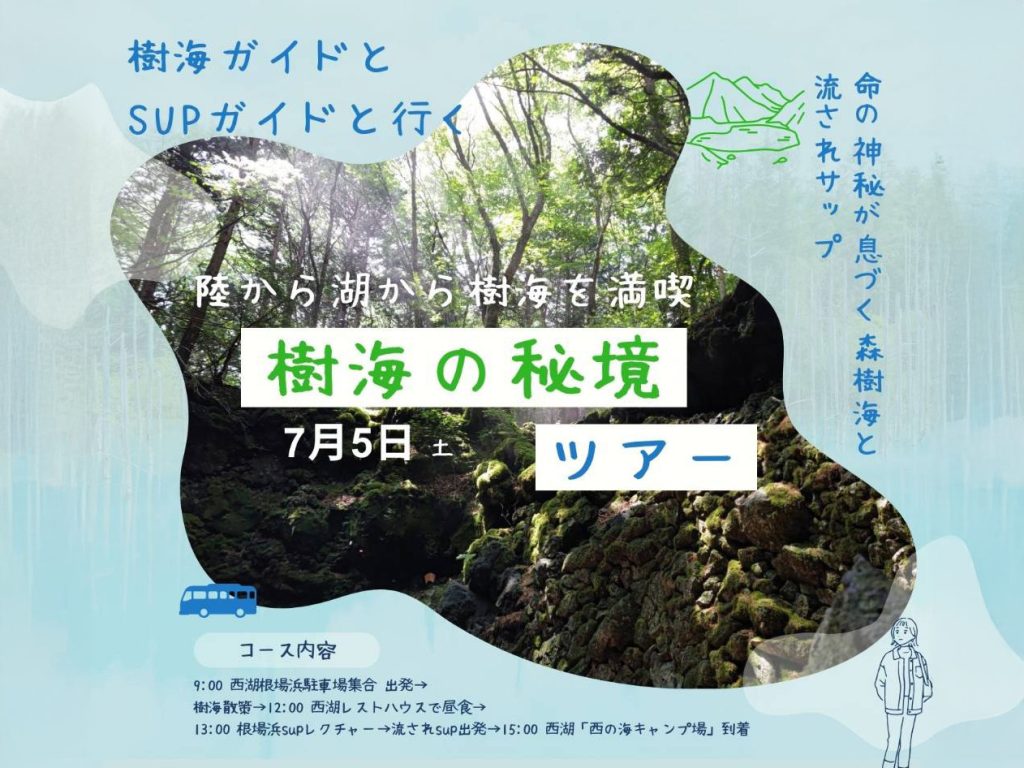 2025年7月5日開催、青木ヶ原樹海と西湖SUPのコラボイベント案内チラシ。ガイド付き樹海ツアーと初心者向けSUP体験がセットになった特別企画。