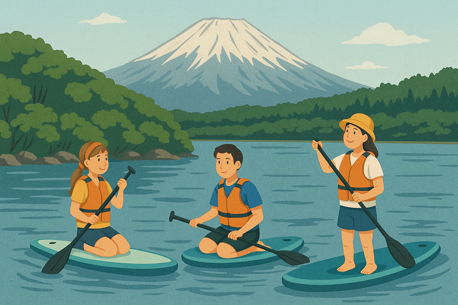 初心者も安心して参加できる、西湖でのガイド付きSUP体験のイメージイラスト。 - 富士山・樹海エコツアーは FUJI HAT 初心者も安心して参加できる、西湖でのガイド付きSUP体験のイメージイラスト。