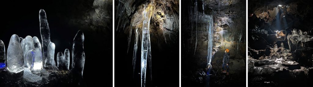青木ヶ原樹海の洞窟内は幻想的な氷の造形に包まれています。